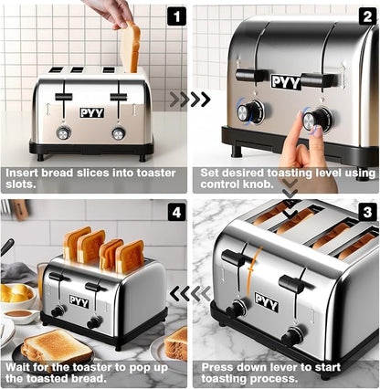 PYY Professional Commercial 4 Slice Toaster - 1800W Stainless Steel Heavy Duty Toaster, 6 Browning Levels, 1.57" Wide Slots, Removable Crumb Tray for Bagels Bread Waffles (Commercial & Home Use)