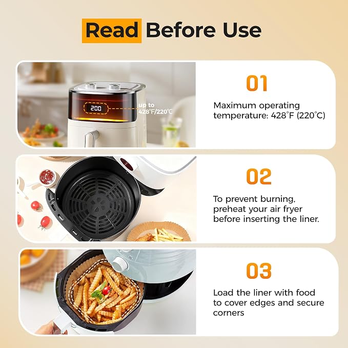 Vailnd 9inch Round Air Fryer Liners Disposable, 125PCS Non-Stick Parchment Paper Liners, Oil Resistant, Waterproof, Food Grade Baking Paper for 10-12 QT Air Fryer Microwave