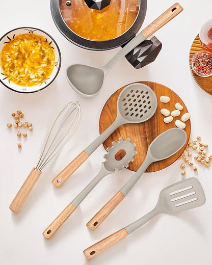 Kitchen Utensils Set, 13PCS Silicone Cooking Utensils, Heat Resistant Kitchen Utensil Spatula Set for Nonstick Cookware, Wooden Handles Kitchen Gadgets Tools Set