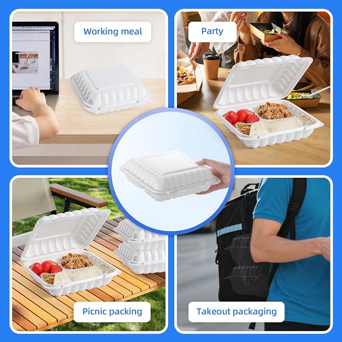 YANGRUI 55-Pack 34oz 8" White Meal Prep Boxes - Shrink Sealed No Pre-Wash | 3-Compartment | Factory Direct Heavy Duty Mineral PP, Microwave Safe | Portion Control for Nutrition & Weight Management