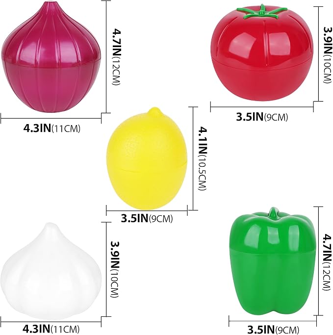 LUWOO 5Pcs Fruit and Vegetable Savers, Stays Fresh Longer for Onion Tomato Green Pepper Garlic Lemon Food Container Box, Reusable Storage Holder for Fridge Refrigerator