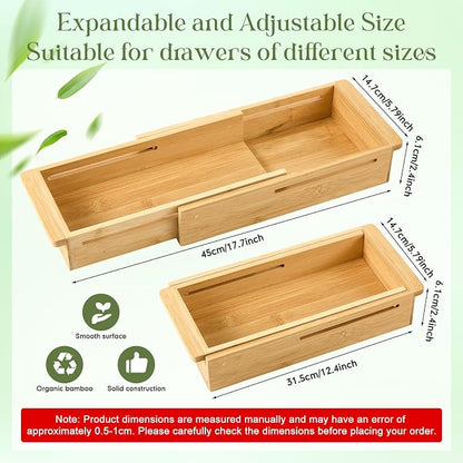 LemonRoad 1 Pcs Sliding Drawer Organizer 12.4-17.7 Inch Bin Bamboo Drawer Expandable Bins Utensil Organizer for Kitchen Spoons Forks Knives (Wood)