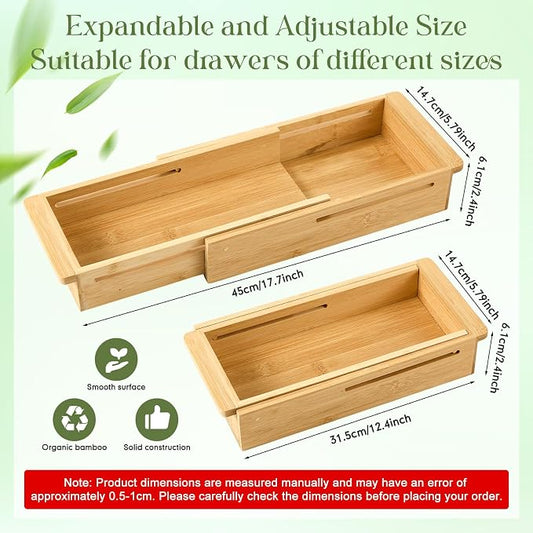 LemonRoad 1 Pcs Sliding Drawer Organizer 12.4-17.7 Inch Bin Bamboo Drawer Expandable Bins Utensil Organizer for Kitchen Spoons Forks Knives (Wood)