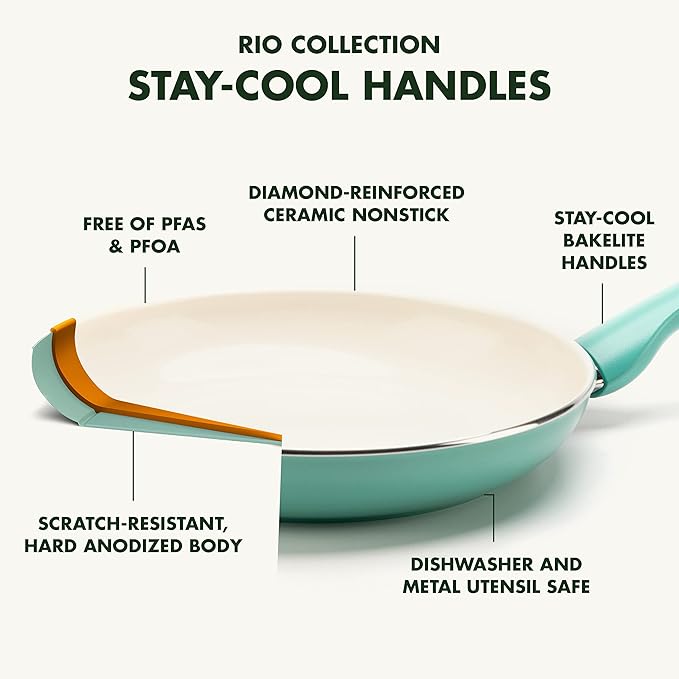 GreenPan Rio Healthy Ceramic Nonstick 12" Frying Pan Skillet, PFAS-Free, Dishwasher Safe, Turquoise
