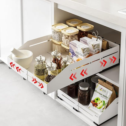 Pull out Cabinet Organizer Raised Side Walls for Safer Storage - Zero-Drill Installation, 4-Way Expansion, Modern Design for Kitchen & Pantry Depth (12.5"-17.7") & Width (10"-15")
