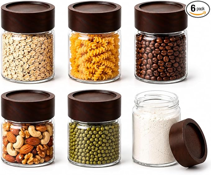 Wide Mouth Glass Storage Jars With 2.5" Acacia Wood Lids - 6 Pack of 6 Oz Food Storage Containers - Borosilicate Glass Canisters Sets For Kitchen - Pantry Organizers and Storage for Flour Rice Coffee