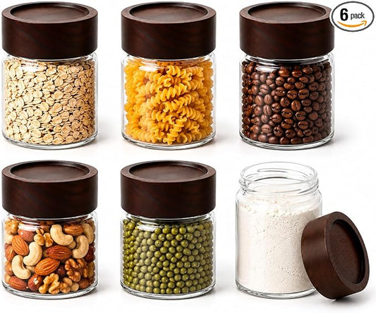 Wide Mouth Glass Storage Jars With 2.5" Acacia Wood Lids - 6 Pack of 6 Oz Food Storage Containers - Borosilicate Glass Canisters Sets For Kitchen - Pantry Organizers and Storage for Flour Rice Coffee