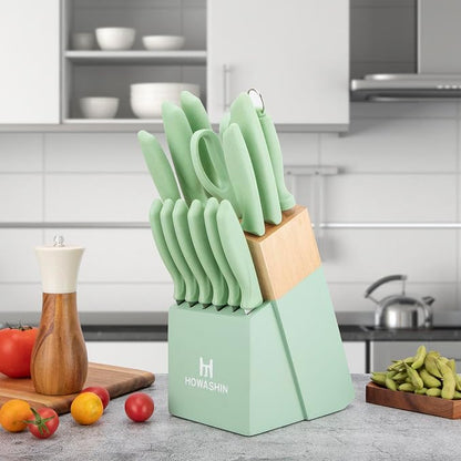 Green Knife Set, 15 Pcs Kitchen Knife Set with Block,High Carbon German Stainless Steel Knife Block Set with Magi-Grip Handle,Hand wash Safe Knives Set