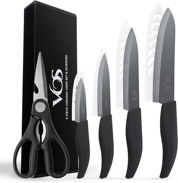 Vos ceramic knives set for kitchen in gift box, 5 ceramic knife with cover with scissors, 3" 4" 5" 6" ultra sharp knives for home cooks, lightweight, rust-free, dishwasher safe (Black handle)