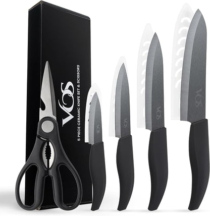 Vos ceramic knives set for kitchen in gift box, 5 ceramic knife with cover with scissors, 3" 4" 5" 6" ultra sharp knives for home cooks, lightweight, rust-free, dishwasher safe (Black handle)