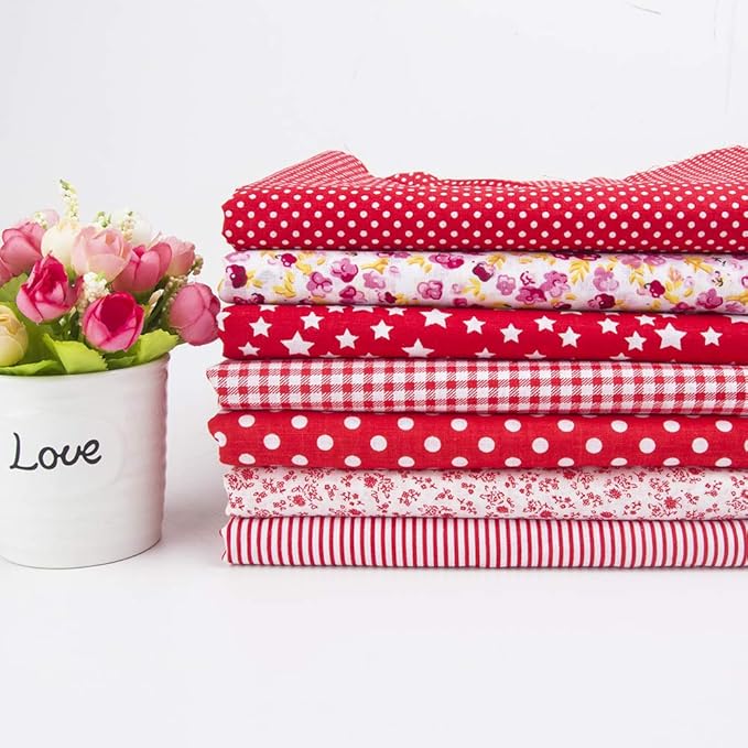 7 pcs 20" x 20" Cotton Fabric DIY Making Supplies Quilting Patchwork Fabric Fat Quarter Bundles DIY for Quilting Cotton Patchwork Cushions (Red, 20" x 20")