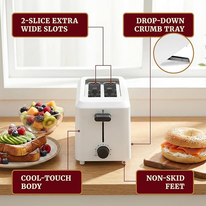 Elite Gourmet ECT-1027# Cool Touch Toaster, 7 Toast Settings Cancel Functions, Slide Out Crumb Tray, Extra Wide 1.5" Slots for Bagels Waffles Specialty Breads, Puff Pastry, Snacks, White