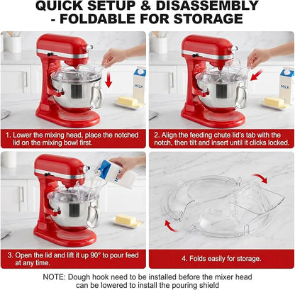 GVODE Pouring Shield for KitchenAid Mixer & Splash Guard Attachment - Universal Fits 5.5-8QT Bowl-Lift Stand Mixers, Compatible with Professional 600/650/6500 Design Series, Only Stainless Steel Bowl