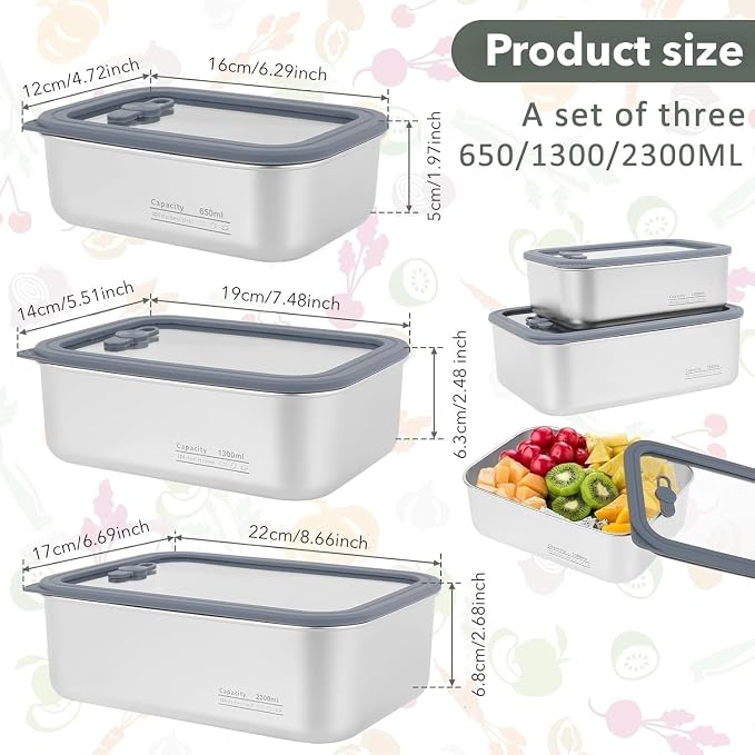 Stainless Steel Food Storage Containers-3Pcs Leakproof, Airtight Stainless Steel Bowls with Lids, Freezer/Dishwasher/Microwave Safe Containers, Durable & Stackable Stainless Steel Containers with Lids