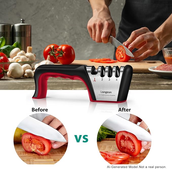 Longzon 5-in-1 Knife Sharpener 4 Stage with Cut-Resistant Glove, Quickly Sharpens & Restores Dull Blades, Easy & Safe for Home Kitchen Use, Fits Most Knives and Scissors, Black+Red