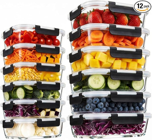 Konokyo Rectangular Glass Food Storage Containers with Lids, 12 Pack Airtight Leakproof Meal Prep Containers, BPA-Free, Microwave Oven Freezer & Dishwasher Safe, Assorted Sizes