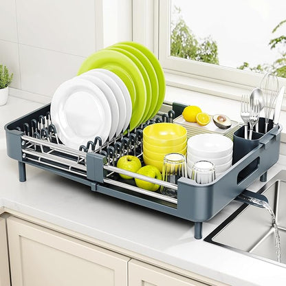 Urackify Stainless Steel Dish Drying Rack - Dish Drainer for Kitchen Counter, Extendable Drainboard with Foldable, Space-Saving Cup & Bowl Organizer, Includes Knife and Utensil Holder, Matte-Green