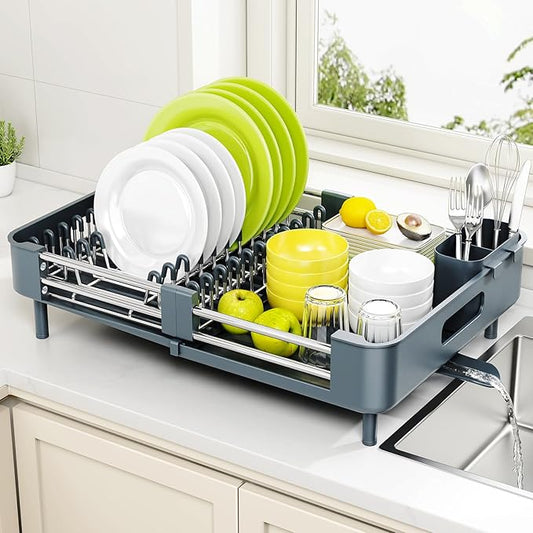 Urackify Stainless Steel Dish Drying Rack - Dish Drainer for Kitchen Counter, Extendable Drainboard with Foldable, Space-Saving Cup & Bowl Organizer, Includes Knife and Utensil Holder, Matte-Green