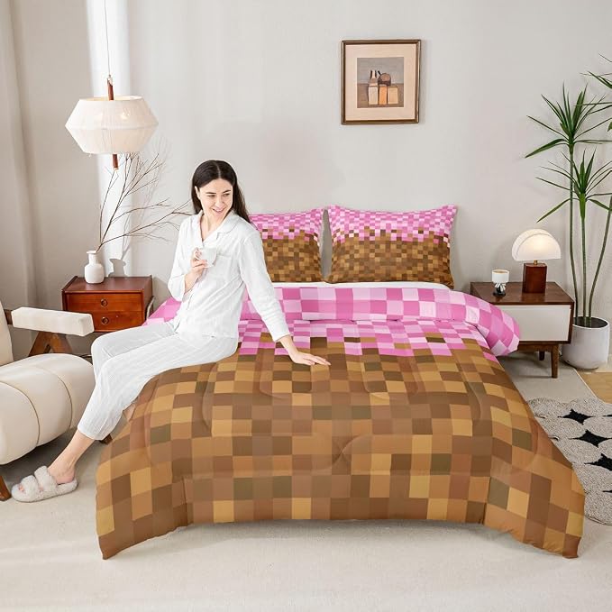 Manfei Pixelated Grid Kids Comforter Toddler Size,Miners Building Quilt Set for Kids Boys Girls Bedroom Decor,Cartoon Gamepad Bedding Set,Brown Pink Duvet Insert,1 Pillowcase