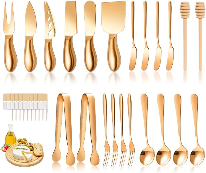 LifeMusican Rose Gold Cheese Knife Set, Cheese Butter Spreader Knife Slicer knives With Serving Tongs, Spoons, Forks, Flags Cheese Markers, Wooden Honey Dipper For Charcuterie Board Accessories