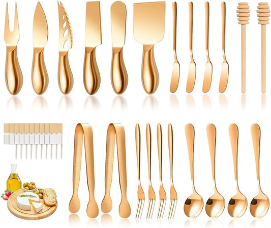 LifeMusican Rose Gold Cheese Knife Set, Cheese Butter Spreader Knife Slicer knives With Serving Tongs, Spoons, Forks, Flags Cheese Markers, Wooden Honey Dipper For Charcuterie Board Accessories