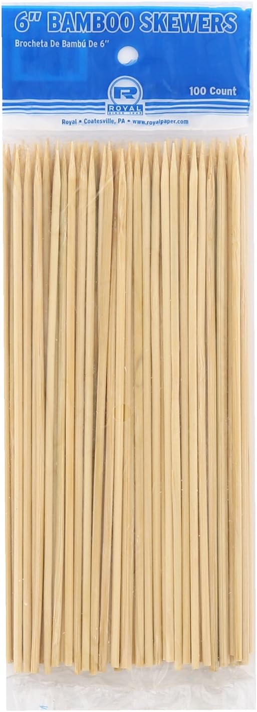Royal 6 Inch Disposable Bamboo Skewers, Round, for Grilling Meat, Satays, and Skewered Vegetables, Package of 100