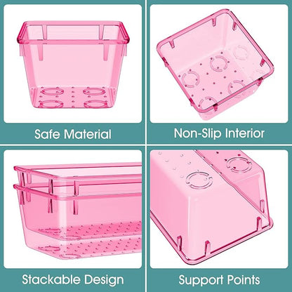 WOWBOX 25 PCS Plastic Drawer Organizer Set, 4 Sizes Desk Drawer Divider Organizers and Storage Bins for Makeup, Jewelry, Gadgets for Kitchen, Bedroom, Bathroom, Office, Clear Pink
