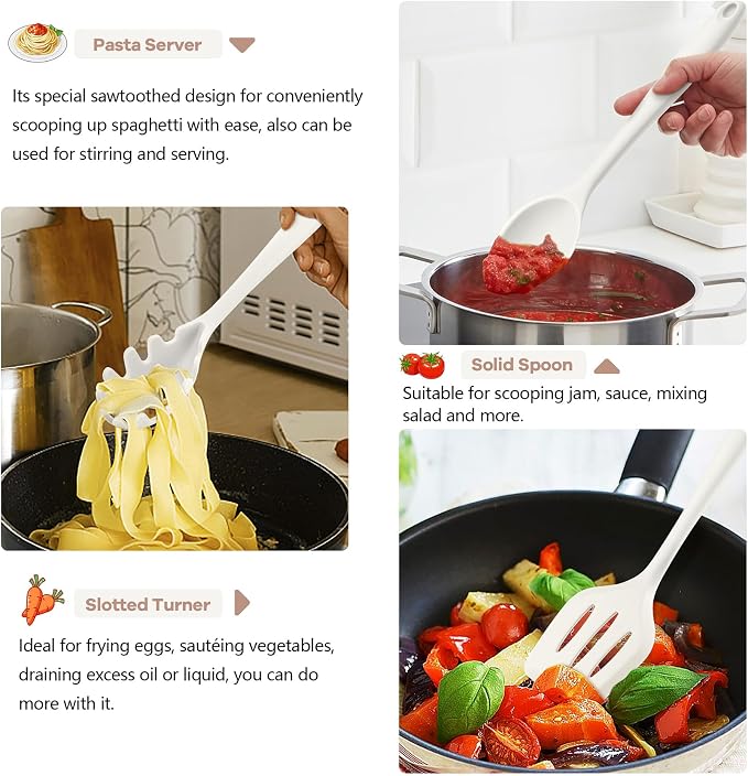 TeamFar Kitchen Cooking Utensils, 10 pcs Silicone Cooking Utensils Set, 446°F Heat Resistant Kitchen Gadgets Tools Set w/Spatula, Turners, Spoons, Soup Ladle, Pasta Server for Nonstick Cookware, White
