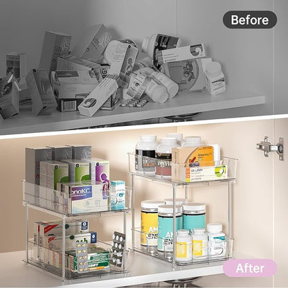 Delamu 2 Tier Under Sink Organizer Bathroom, Bathroom Cabinet Organizer with Snap-Lock Design and Hooks, Pull Out Storage with Movable Dividers, for Countertop, Kitchen and Pantry (Clear, 2 Pack)