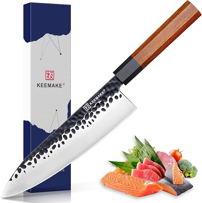 KEEMAKE 8 Inch Chef Knife, Japanese Hand Forged High Carbon Steel Kitchen Knives with Ergonomic Rosewood Handle, Ultra Sharp Durable Professional Gyuto Knife for Meat & Veggie Slicing