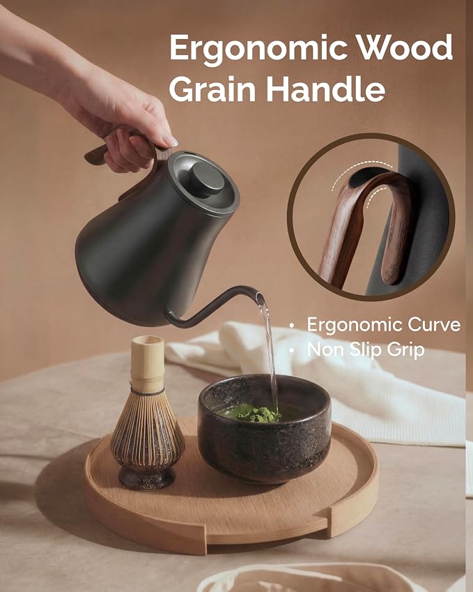 INTASTING Gooseneck Electric Kettle with Precise ±1℉ Temperature Control, Wood-Accented Handle, Stainless Steel Interior, Quick Heating Pour Over Kettle for Coffee & Tea, 0.9L, Matte Grey
