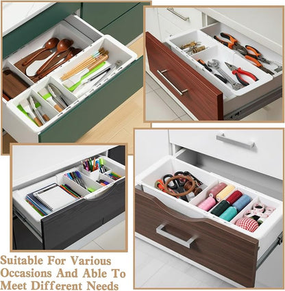 2Pcs Expandable Sliding Drawer Tray with Adjustable Dividers, White Plastic Deep Desk Drawer Dividers Organizers Expandable 11.4 to 18.1 Inches For Utensils Office Bathroom Bedroom Kitchen