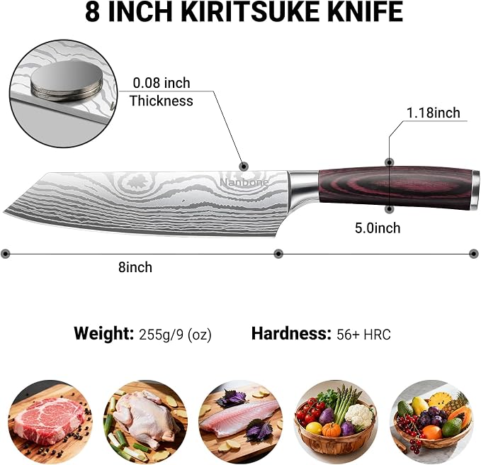 8 Inch Kiritsuke Knife Japanese Chef Knife for Home Kitchen Sushi Fish Meat High Carbon Stainless Steel Kitchen Knife Ultra Sharp Cooking Knives with Ergonomic Handle, Great Gift for Men Women