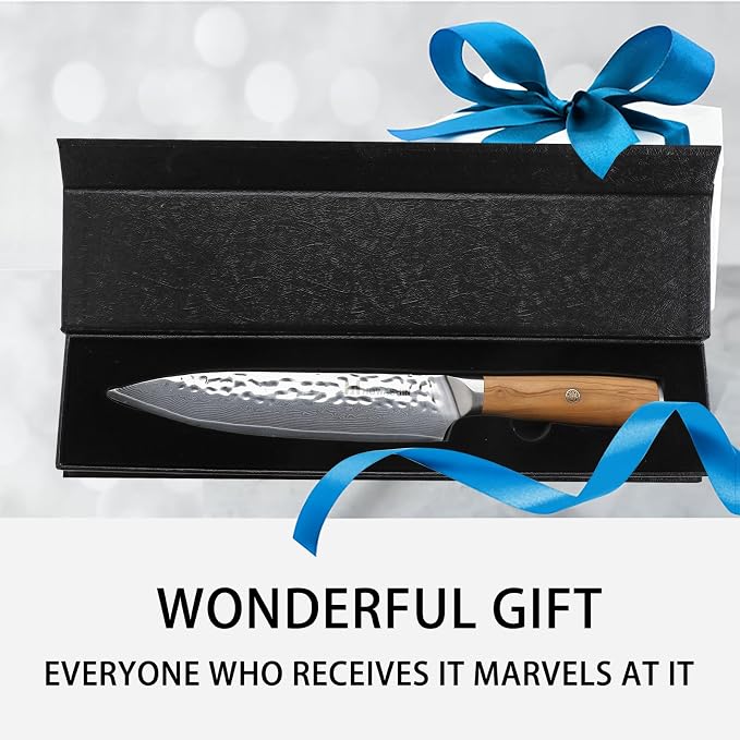 Chef Knife, 8 Inch Japanese Chefs Knife Professional Razor Sharp, VG-10 Damascus Stainless Steel Kitchen Knife with White Olive Wood Handle, Gift Box for Family & Restaurant