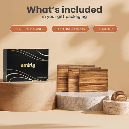 SMIRLY Acacia Wood Cutting board for Kitchen - Wood Cutting Boards for Meal Prep, Serving, Charcuterie - Kitchen Gadgets, House Warming Gifts - Wooden Chopping Board Set of 3 with Holder