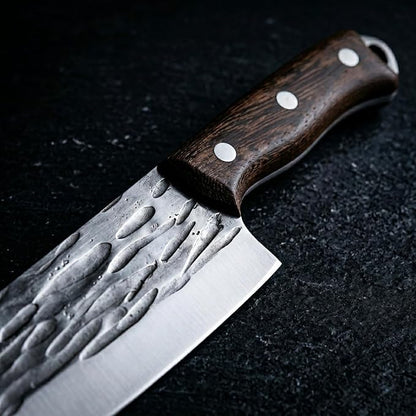 KOFERY Hand Forged Butcher Knife Set with Full Tang Damascus Steel for Pit Master BBQ, Smoking Meat and Meat Carving, Including Roll Bag, Shears and Sharpener for Outdoor Camping Gifts for Men