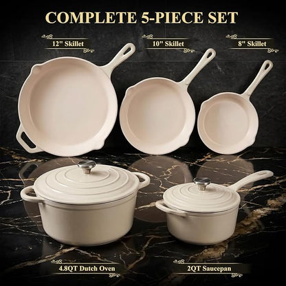 QuliMetal Enameled Cast Iron Cookware Set, 5-Piece Pots and Pans Set with Lids, Skillet, Frying Pan, Saucepan & Dutch Oven for All Stovetops, PFOA Free, Ideal for Sourdough Bread Baking
