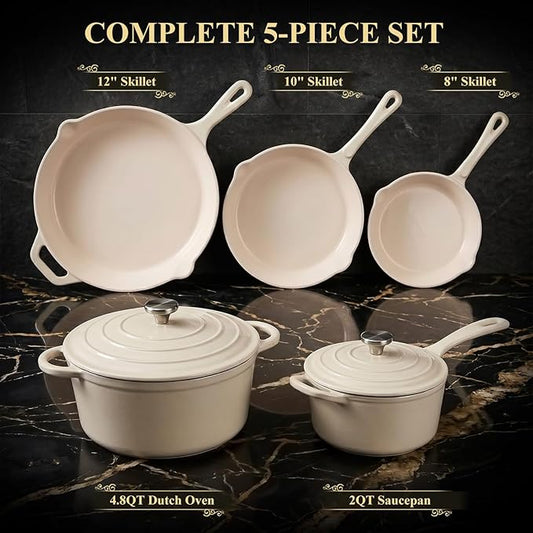 QuliMetal Enameled Cast Iron Cookware Set, 5-Piece Pots and Pans Set with Lids, Skillet, Frying Pan, Saucepan & Dutch Oven for All Stovetops, PFOA Free, Ideal for Sourdough Bread Baking
