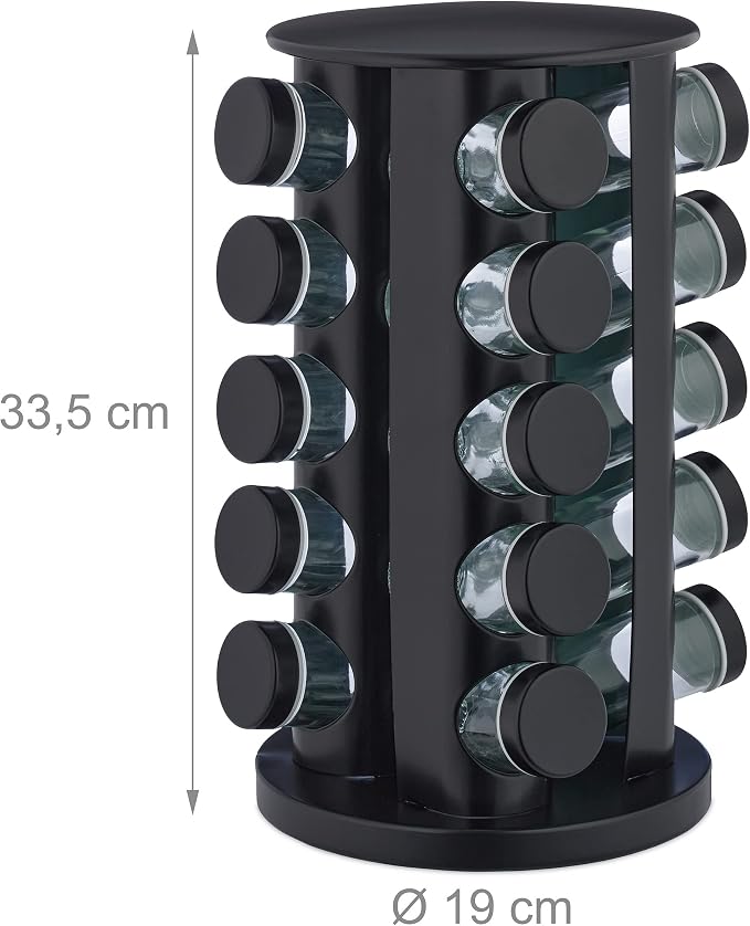 Relaxdays Spice Carousel with 20 Spice Jars, Includes Shaker Insert, Rotating Refillable Spice Rack for Kitchen, Black