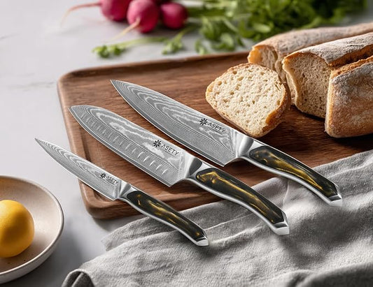 ASETY Damascus Knife Set 3 PCS: Ultra-Sharp Professional Chef Knife Set, Japanese Kitchen Knives with VG10 Steel Core, Full Tang Resin Handle, Elegant Box for Men Women, Fathers day