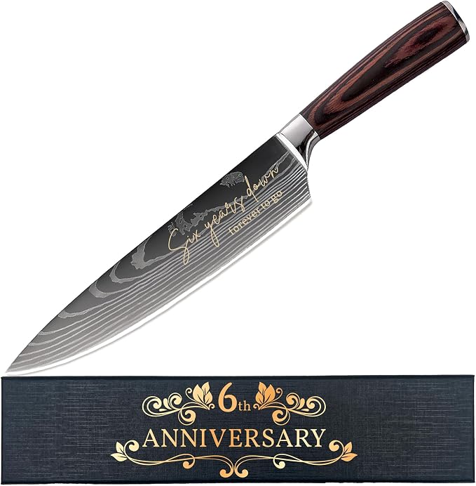 6 Years Anniversary Engraved Chef Knife Gift, 6th Wedding Anniversary Keepsake for Couple, 8 Inch High Carbon Stainless Steel Sharp Kitchen Knife with Ergonomic Handle, 6 Years Marriage Presents