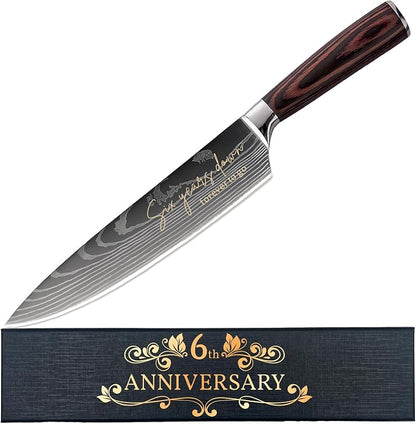 6 Years Anniversary Engraved Chef Knife Gift, 6th Wedding Anniversary Keepsake for Couple, 8 Inch High Carbon Stainless Steel Sharp Kitchen Knife with Ergonomic Handle, 6 Years Marriage Presents