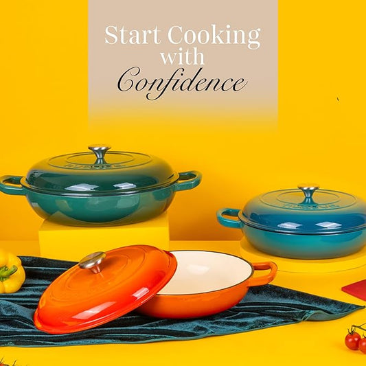 Shallow Cast Iron Casserole with Lid – Non Stick Dutch Oven Pot, Oven Safe up to 500° F – Sturdy Ovenproof Stockpot Cookware – Enamelled Cooking Pot – Dark Green, 5-Quart, 32cm – by Nuovva