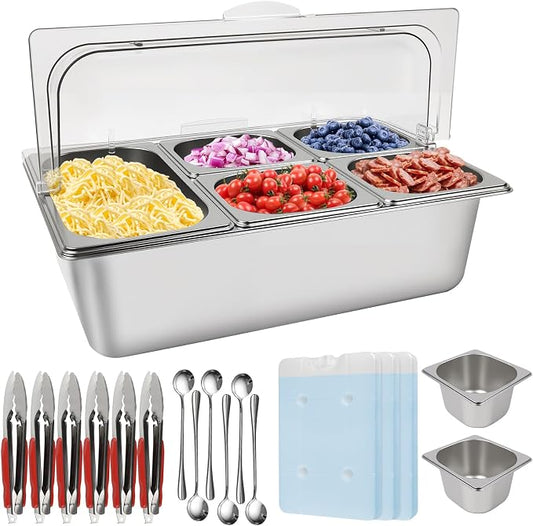 Pizza Topping Station 7 Pans Stainless Steel Spice Organizer Salad Bar Buffet Station with Spoons Ice Boxes Buffet Containers Set for Sauce Jam Ingredient Kitchen Restaurant Pantry