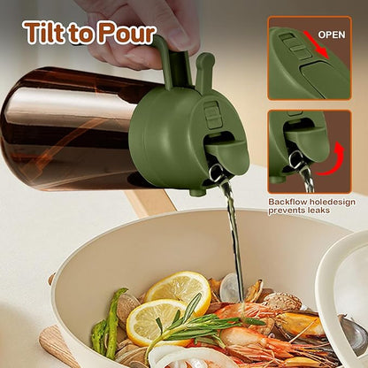 YARRAMATE 16oz/470ml Dark Brown Oil Sprayer for Cooking with Stickers, Food-grade Premium 2 in 1 Olive Oil Dispenser Bottle for Kitchen Gadgets, Air Fryer, Salad, Frying, BBQ (OliveGreen)