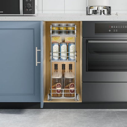 ROOMTEC Pull Out Spice Rack for Narrow Cabinet (7" W X 20½" D),3 Tier Heavy Duty Sliding Spice Cabinet Organization Shelf Racks, Pull Out Shelves Under Cabinet Storage for Kitchen