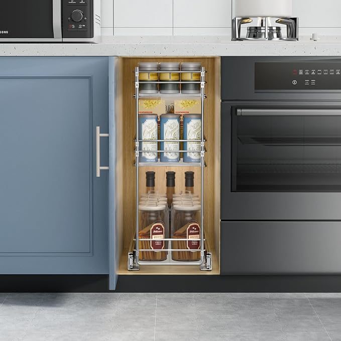 ROOMTEC Pull Out Spice Rack for Narrow Cabinet (6" W X 20½" D),3 Tier Heavy Duty Sliding Spice Cabinet Organization Shelf Racks, Pull Out Shelves Under Cabinet Storage for Kitchen