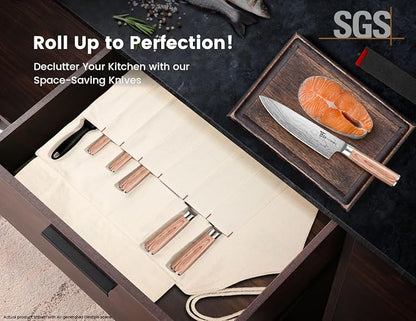 14pcs Chef Knife Set with Roll Bag, Professional Stainless Steel Japanese Knife Set with Pakkawood Handle for Professional Chef, Camping, Travel, BBQ, RV or Gift Beige