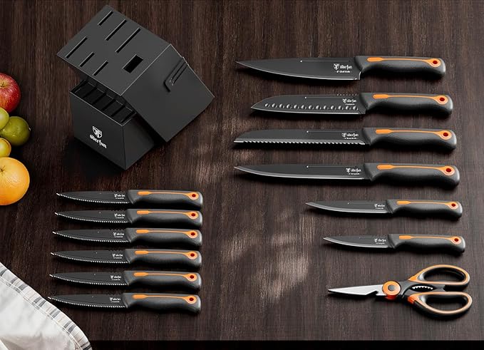 Knife Block Set, 15 PCS Dishwasher Safe Kitchen Knife Set, Non-slip | Razor-Sharp knives set with sharpener, High Carbon Stainless Steel, Ergonomic Handle, Elegant Box for Her Women Dad Father