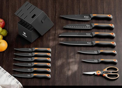 Knife Block Set, 15 PCS Dishwasher Safe Kitchen Knife Set, Non-slip | Razor-Sharp knives set with sharpener, High Carbon Stainless Steel, Ergonomic Handle, Elegant Box for Her Women Dad Father